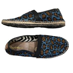 Joy & Mario 7 Blue Leopard Print Espadrilles Flat Slip On Shoes Leather